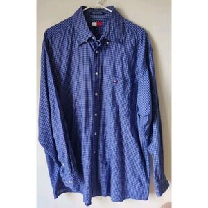 Tommy Hilfiger Men's Button Down Blue/White Plaid Pocket Cotton Blend Size Large